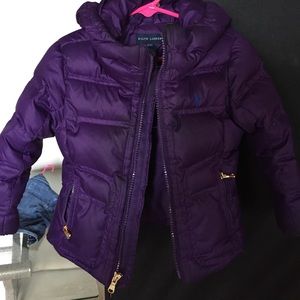 toddler girl three t purple winter puffer coat .
