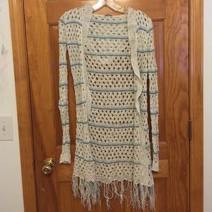 Knit white cardigan with blue, and pink stripes