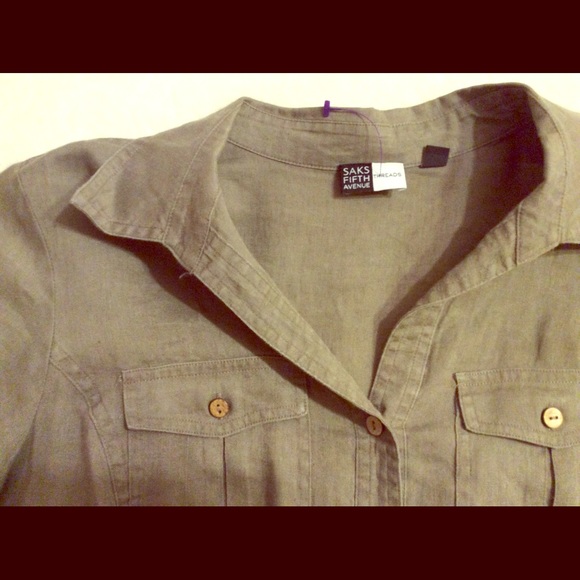 Saks Fifth Avenue taupe linen button down M - Picture 2 of 5