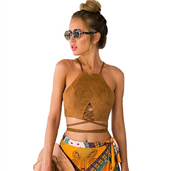 Brown suede tie around crop top