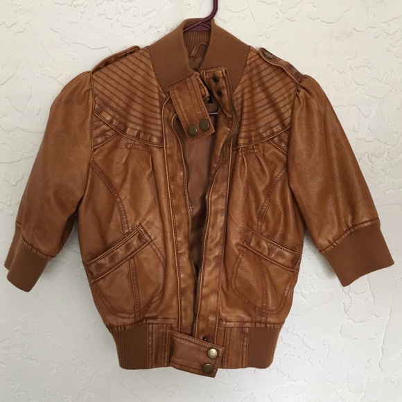 Faux brown leather cropped bomber jacket