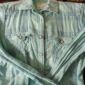 American Eagle Snap Up Mint Plaid Shirt Size 4