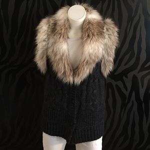 Ann Taylor LOFT Cable Knit Vest w/ Faux Fur Collar