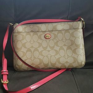 Small tan and fuschia crossbody Coach bag