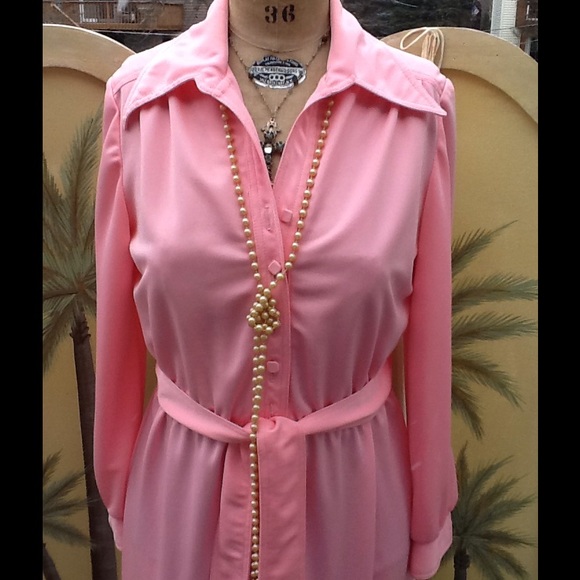 VTG 70s Nylon Knit Pink Maxi Shirt Dress - Picture 2 of 4