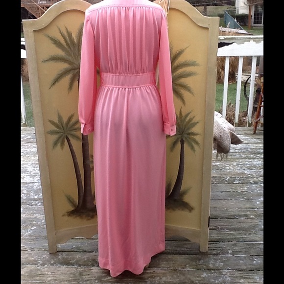 VTG 70s Nylon Knit Pink Maxi Shirt Dress - Picture 4 of 4