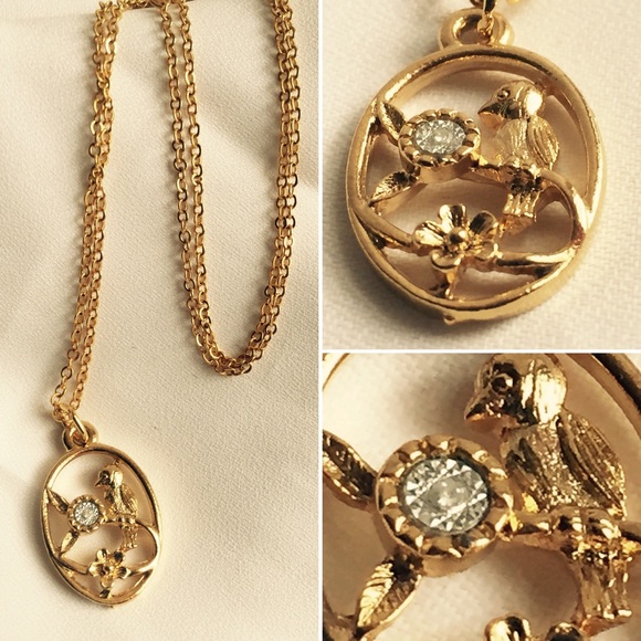 Tree Branch Bird Rhinestone Gold Necklace
