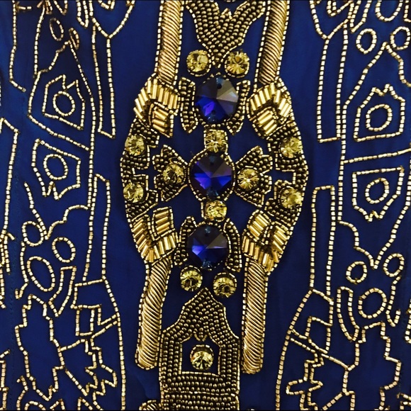 Hand beaded dark royal blue asymmetrical dress - Picture 2 of 3