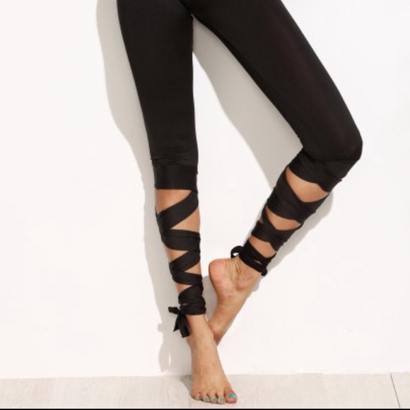 High Waist Tie Leggings YOGA Active PANT Black NEW - Picture 3 of 3