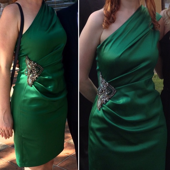 David Meister Emerald Green One Shoulder Dress