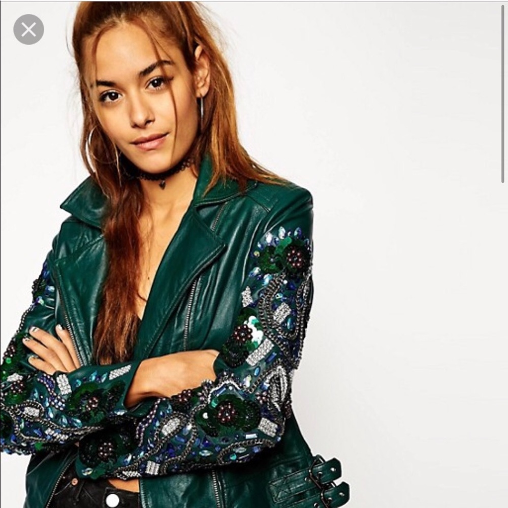 ASOS embellished green leather jacket