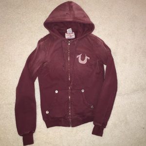 Distressed Maroon True Religion Zip up Hoodie M