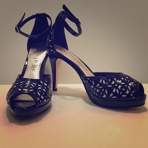 WHBM Black & White Platform Ankle Strap Heels