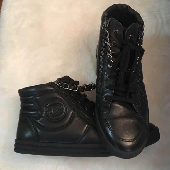 Chanel Lace Up Leather High Top Sneakers