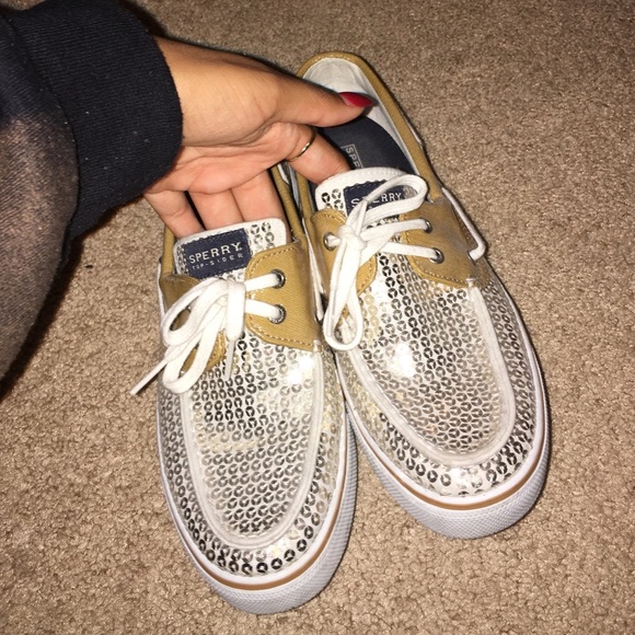 Sequin sperrys with gold undertones