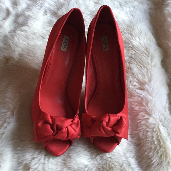 Red satin peep toe high heels