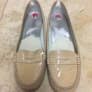 Michael Kors beige patent leather penny loafer