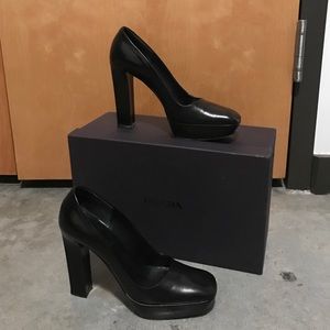 Black Leather Prada Platform Pumps