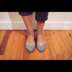 Baby blue with silver lace flats. Unique design