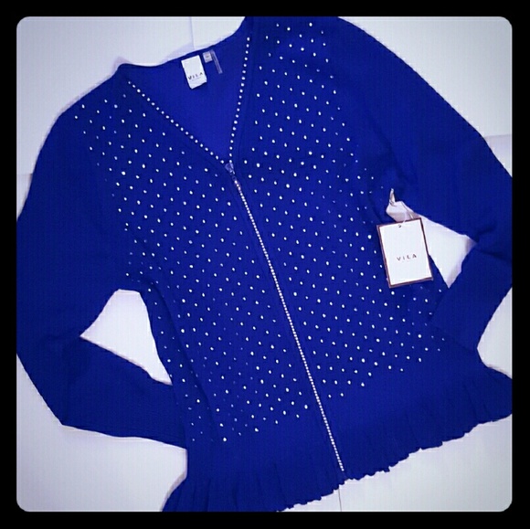 Cobalt Blue Sweater w/Crystals & Zipper Front
