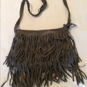 Gray Fringe Hobo Shoulder Bag Long Strap