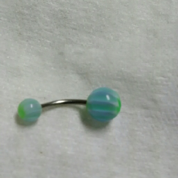 Green Leaf Blue Ball Belly Button Ring - Picture 3 of 4