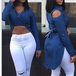 New long sleeve shoulders out jean shirt