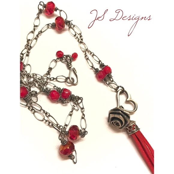 Long Sterling Silver and Red Tassel Necklace - Picture 2 of 4
