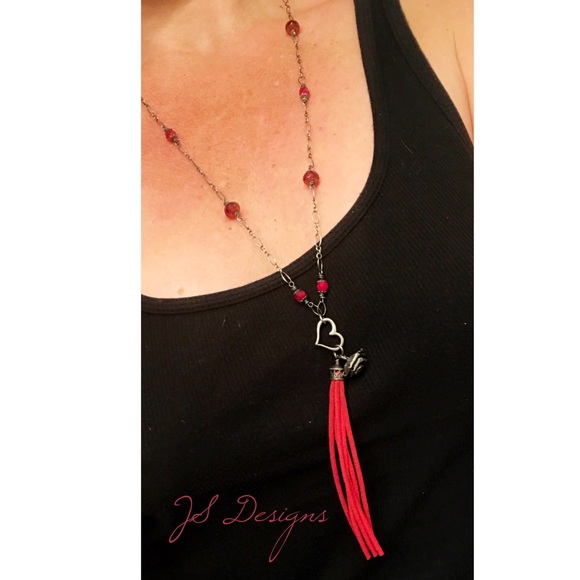 Long Sterling Silver and Red Tassel Necklace - Picture 3 of 4