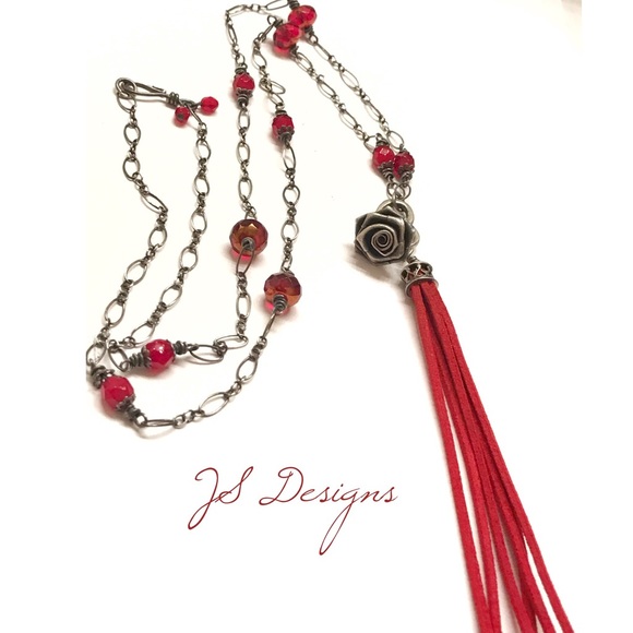 Long Sterling Silver and Red Tassel Necklace - Picture 4 of 4