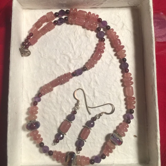Amethyst, Rose Quartz & Garnet Necklace & Earrings
