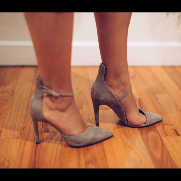 Unique Grey Suede Pointed Toe Ankle Strap Heels