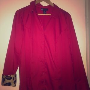 Lane Bryant red blouse with leopard collar.