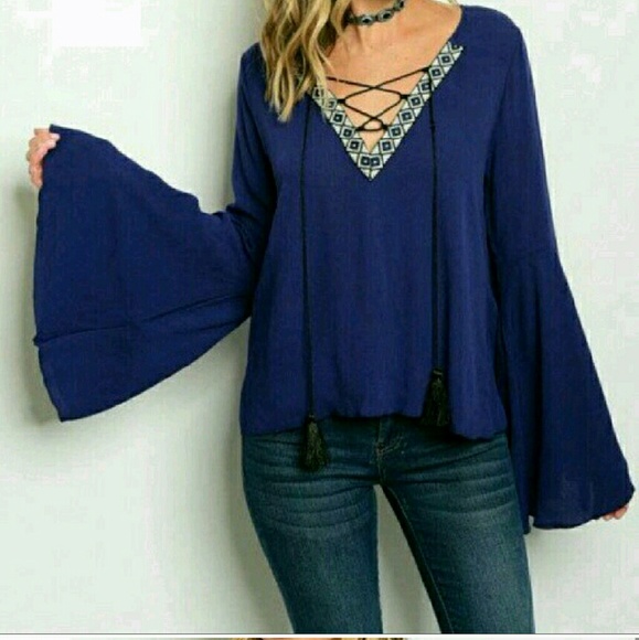 LAST ONE! Embroidered Belle Sleeve Lace Up Blouse - Picture 3 of 4