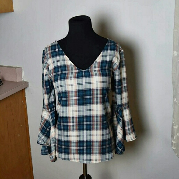 Teal & Peach Plaid Belle Sleeve Blouse - Picture 3 of 3