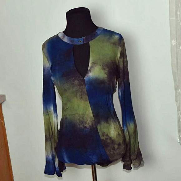 ONLY ONE LEFT! Keyhole Olive & Navy Tie Dye Blouse - Picture 2 of 4
