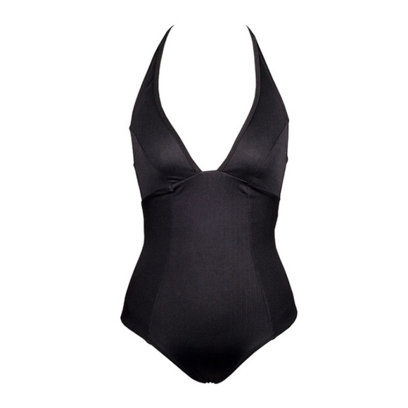 Plunge neckline halter tie one-piece swimsuit