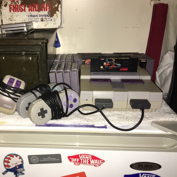 SNES Console 1991 with Controllers and Wires