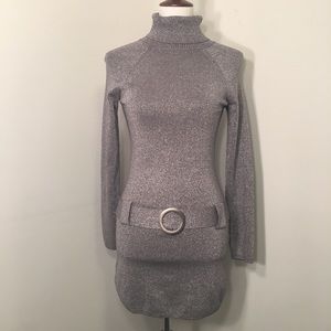 I.N.C turtleneck silver sweater dress with belt.