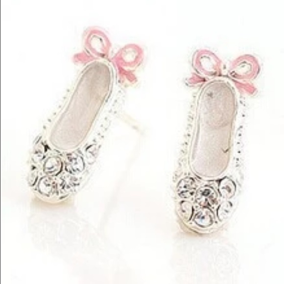 Other - Girls or Adult Ballet Slipper Clear Crystal Rhinestone Pink Bow Enamel Earrings
