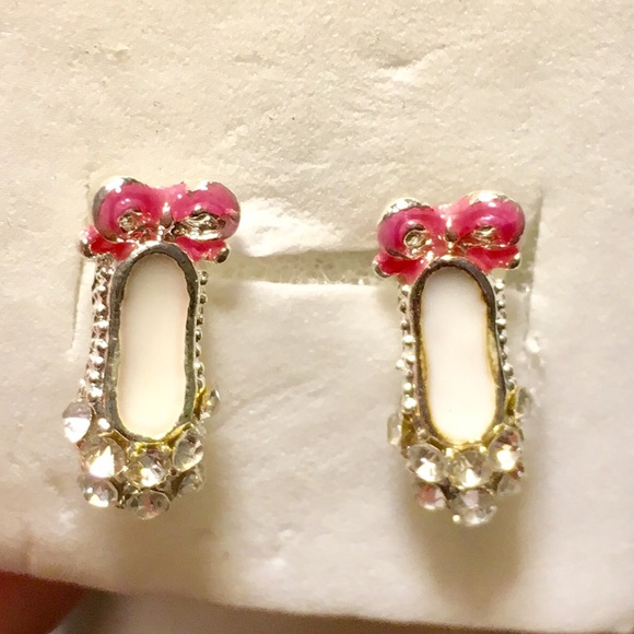 Girls or Adult Ballet Slipper Clear Crystal Rhinestone Pink Bow Enamel Earrings - Picture 2 of 7