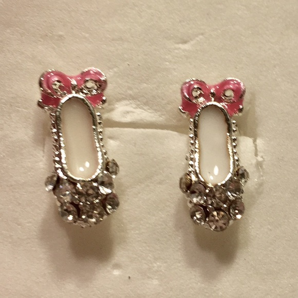 Girls or Adult Ballet Slipper Clear Crystal Rhinestone Pink Bow Enamel Earrings - Picture 4 of 7