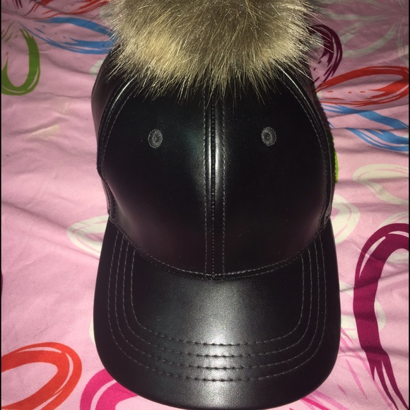 Necessary Clothing Accessories - Black leather hat with fur ball