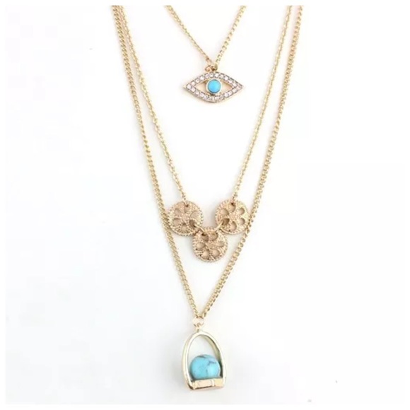 Gold 3 Layer Natural Stone Evil Eye Necklace ED24 - Picture 2 of 3
