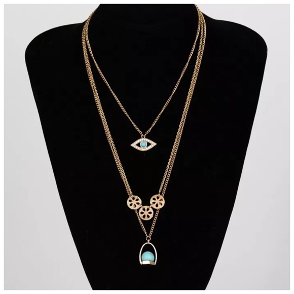 Gold 3 Layer Natural Stone Evil Eye Necklace ED24 - Picture 3 of 3