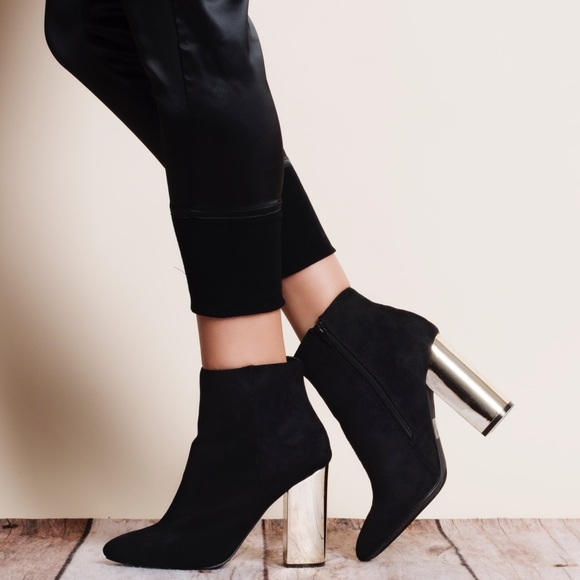 X2B Shoes - Black Suede Chrome Heeled Booties / Ankle Boots