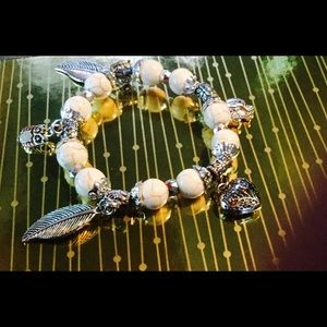 Charm Bracelet Owl, Feather & Hearts & Ivory Stone