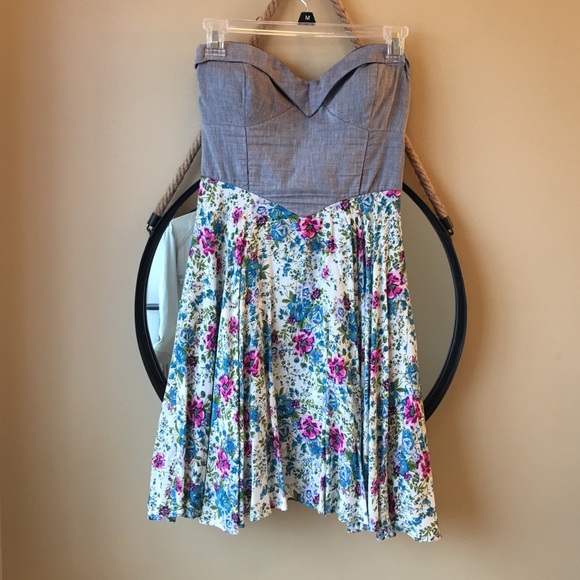 Strapless Demin and Floral Mini Dress