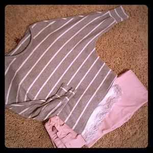 Girls 3/4 Dolman sleeve Gray & White top, med