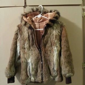 Rabbit Fur Coat Hoodie with raccoon fur hood